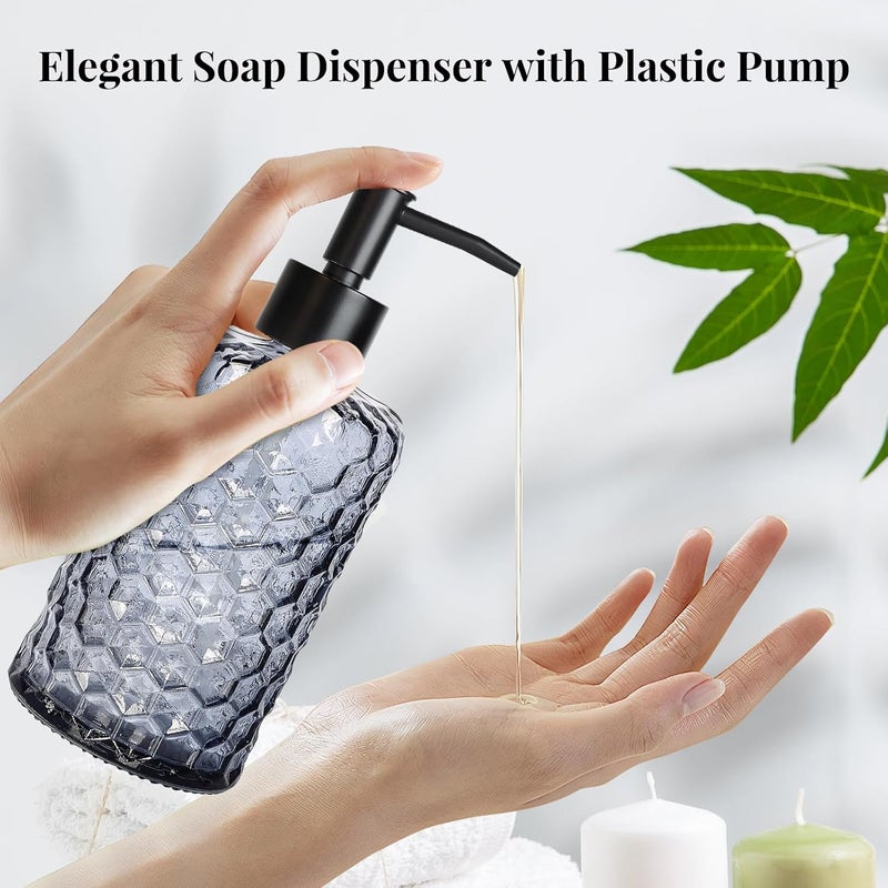 Ulable Clear Charcoal Blue Glass Soap Dispenser with Pump, 16oz Honeycombed Design Hand Soap Dispenser, Refillable Lotion & Dish for Dishwashing Liquid, Lotion - Image 3